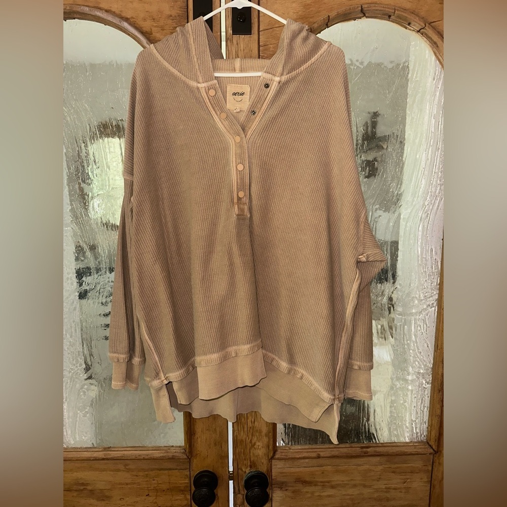 Aerie Tan Ribbed Henley Sweater